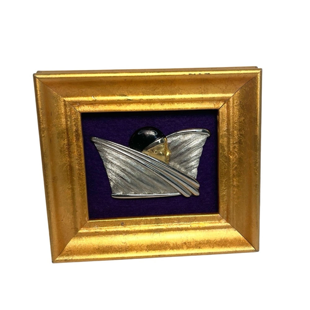 Art Deco Revival Mask Brooch Pin Jewelry In Gold Frame Silver Tone 2.25” Vintage